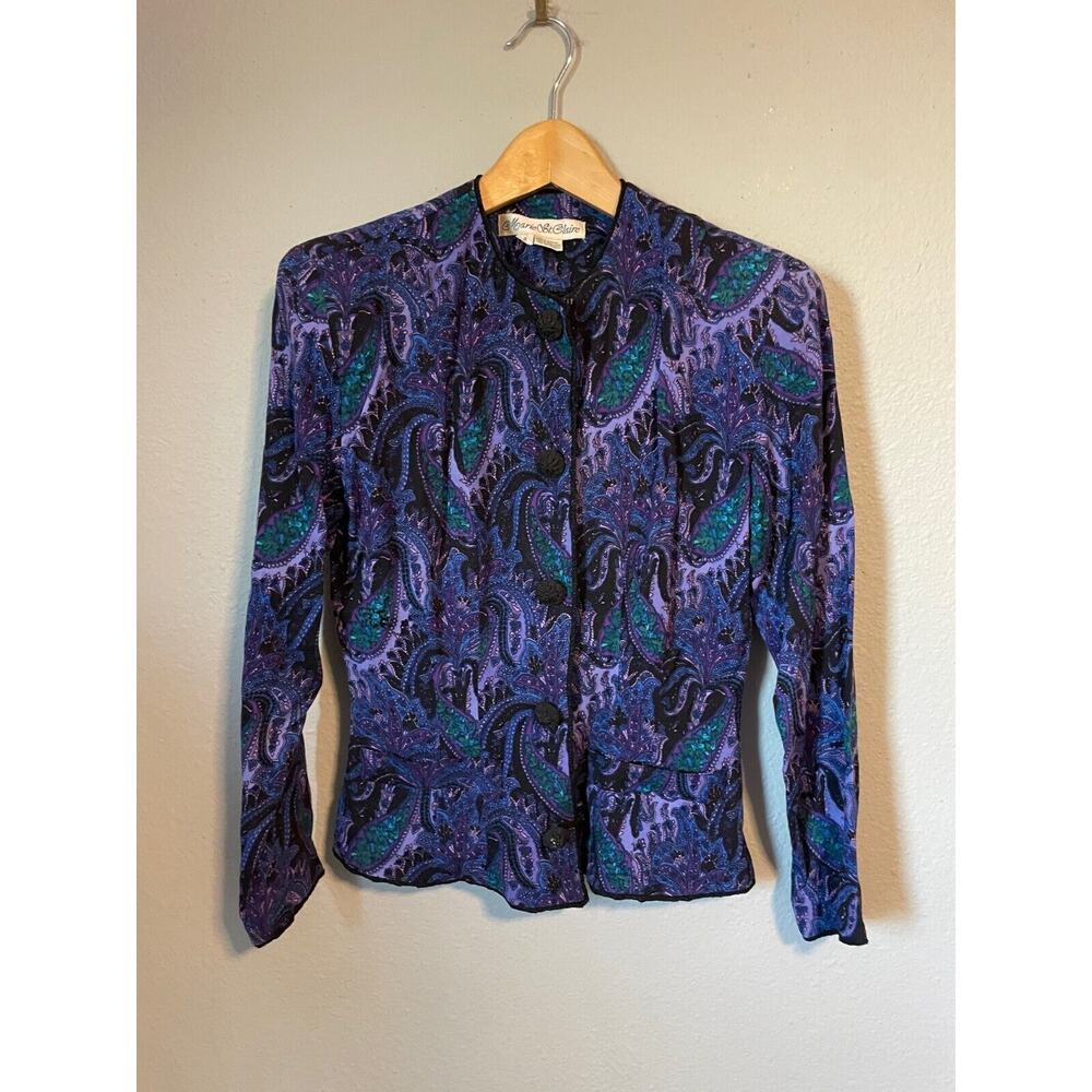 Vintage Marie St. Claire Womens Top Size 4 Purple Rayon Paisley Button Up 90s